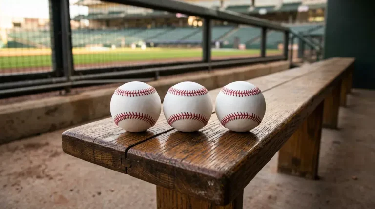 Stack of three identical baseballs lined up on a wooden bench inside an MLB dugout