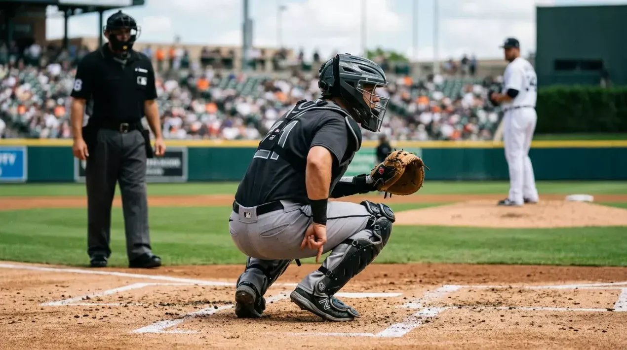 MLB pitcher and catcher both visible in frame as the catcher signals pitch selection from behind home plate