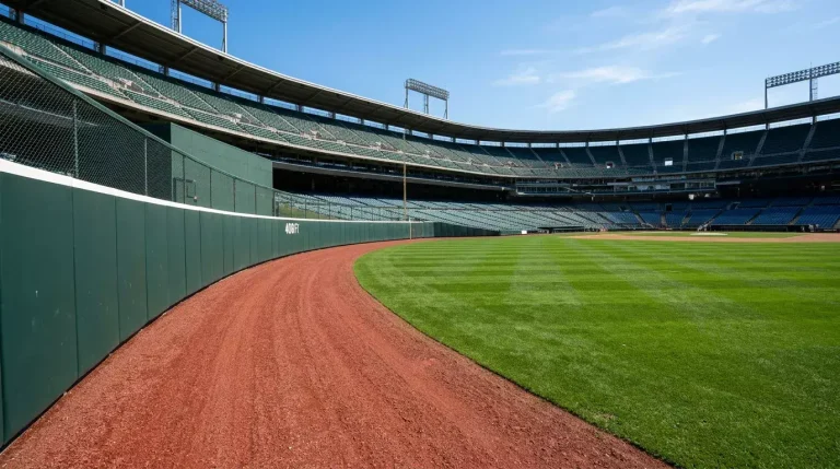Wide view of an MLB outfield wall during a daytime game, with the green grass and the warning track visible