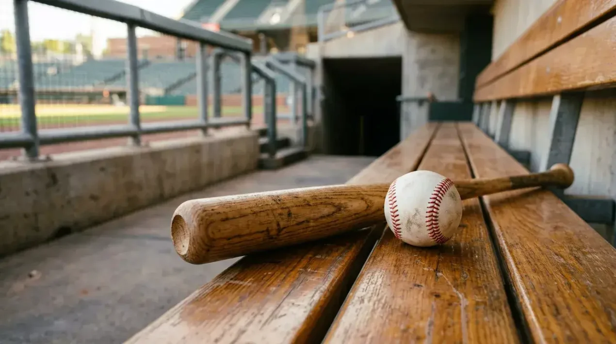 A wooden baseball bat and a single baseball resting on the wooden bench of an MLB dugout