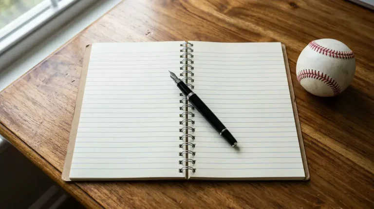 Open paper notebook with a fountain pen resting on a wooden desk next to a white baseball