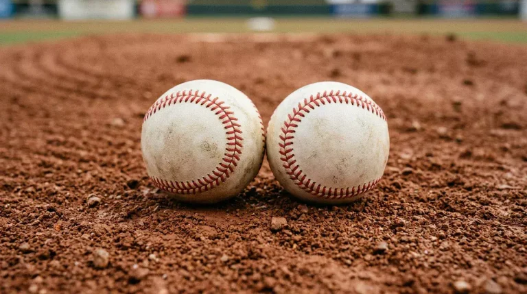 Two MLB baseballs facing each other on the dirt of a pitcher's mound, suggesting a head-to-head matchup