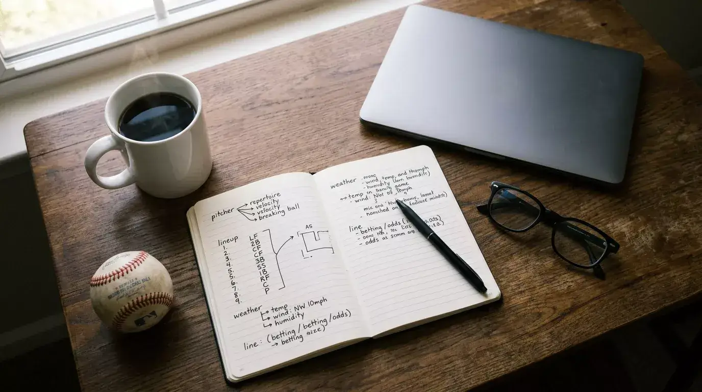 Analyst's desk with an open notebook of handwritten Major League Baseball notes and a coffee cup