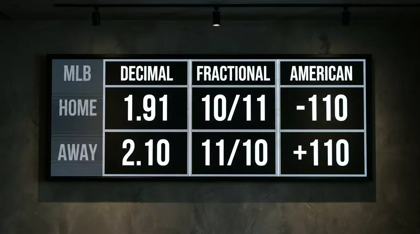 Sportsbook display board showing Major League Baseball prices side by side in decimal and fractional formats