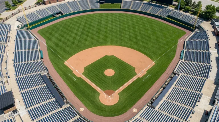 Aerial view of an MLB baseball diamond at noon, with the dirt infield and the green outfield grass forming a clean geometric pattern