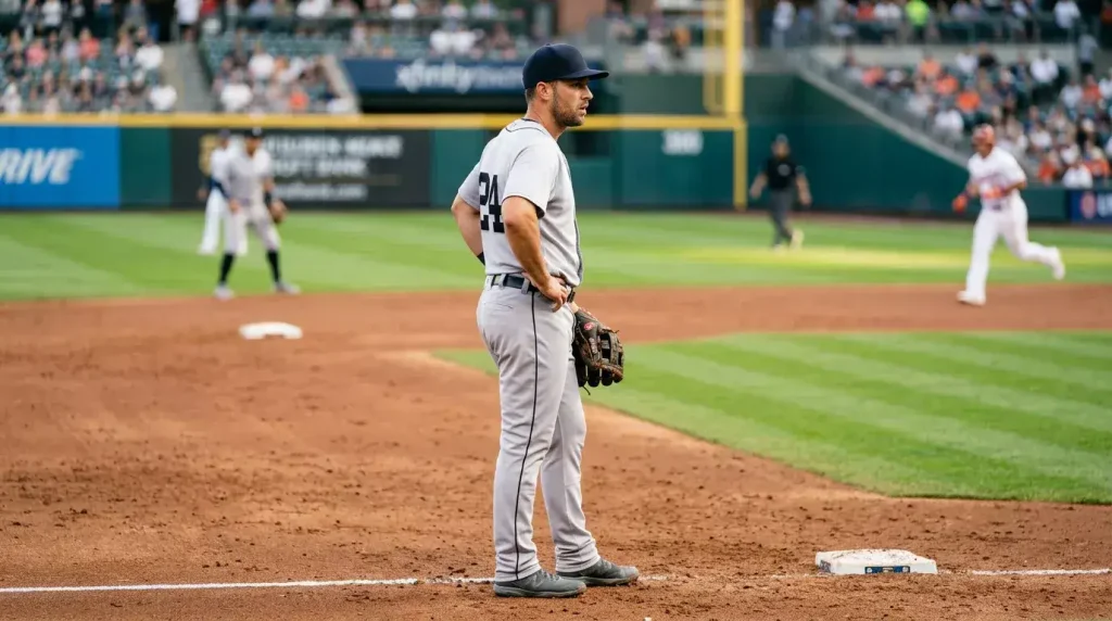 MLB baseball player wearing a glove with hands on hips standing on the infield, watching the action