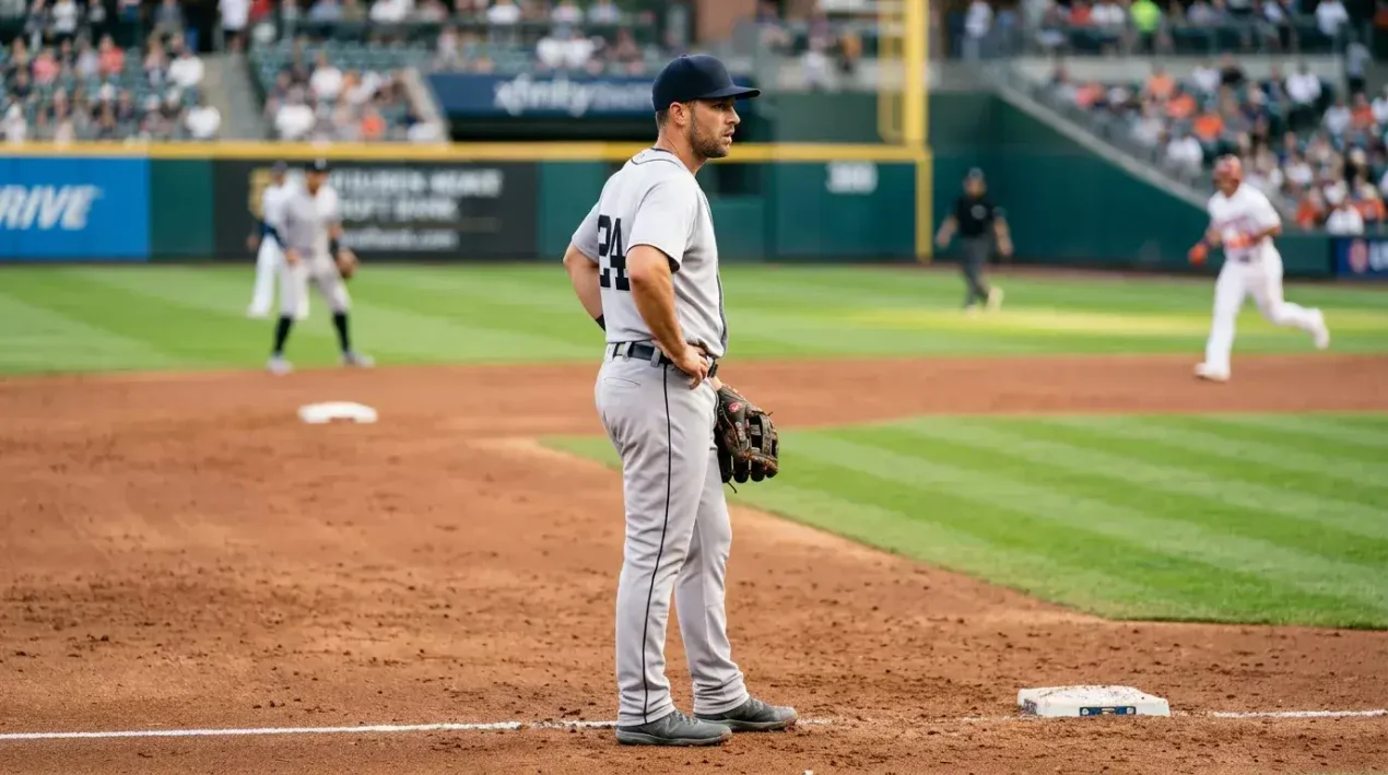MLB baseball player wearing a glove with hands on hips standing on the infield, watching the action