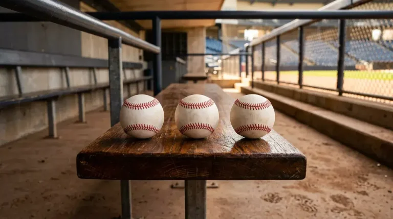 Three white MLB baseballs lined up in a row on an empty wooden dugout bench