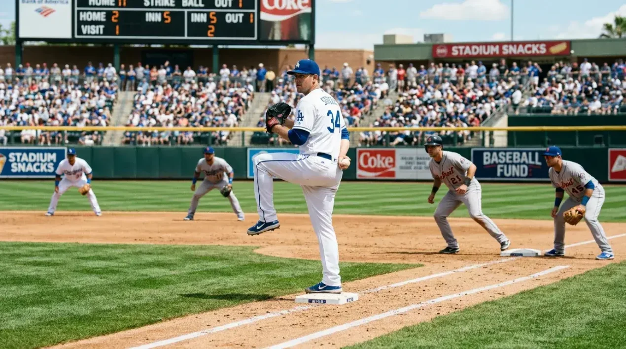 MLB game in progress with runners on base, the pitcher beginning his stretch and the infield set