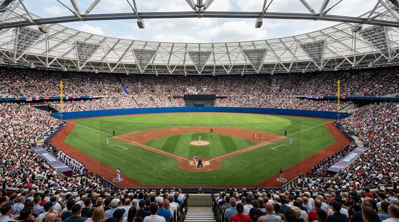 London Stadium configured for Major League Baseball with the infield diamond and outfield in view