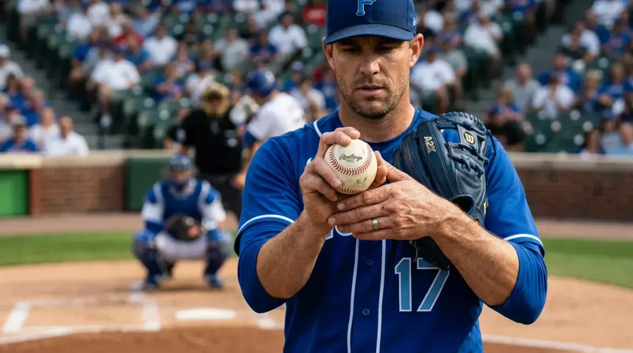 MLB starting pitcher gripping the ball in the set position on the mound, with the catcher in the background