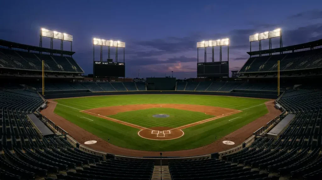 Empty MLB stadium in late-October dusk light with the stadium lights illuminating the infield