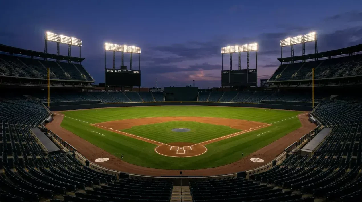 Empty MLB stadium in late-October dusk light with the stadium lights illuminating the infield