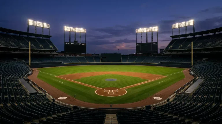 Empty MLB stadium in late-October dusk light with the stadium lights illuminating the infield