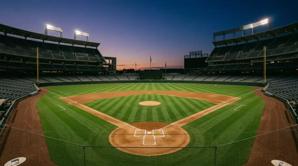 MLB ballpark from the home plate angle showing the entire field at twilight
