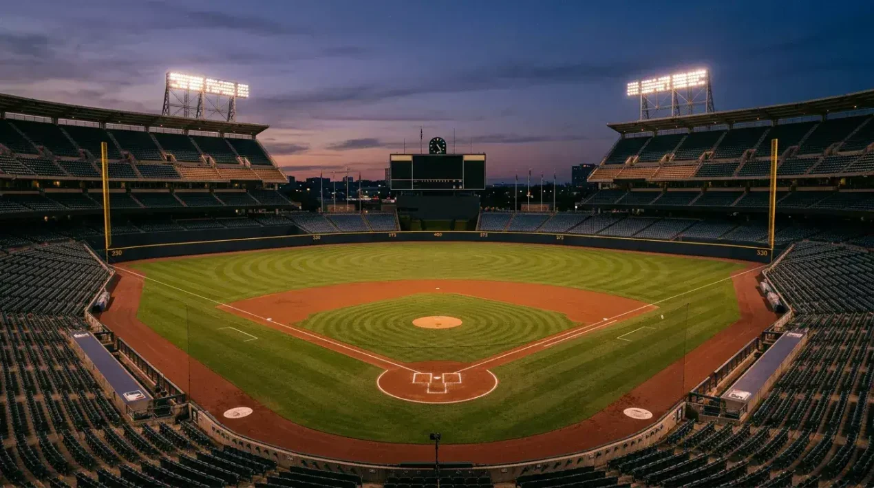 Wide shot of an MLB baseball field at dusk with the lights just turning on, dirt and grass visible