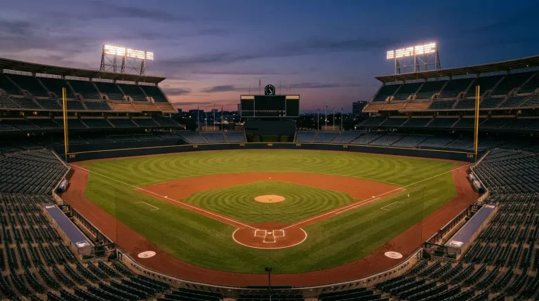 Wide shot of an MLB baseball field at dusk with the lights just turning on, dirt and grass visible