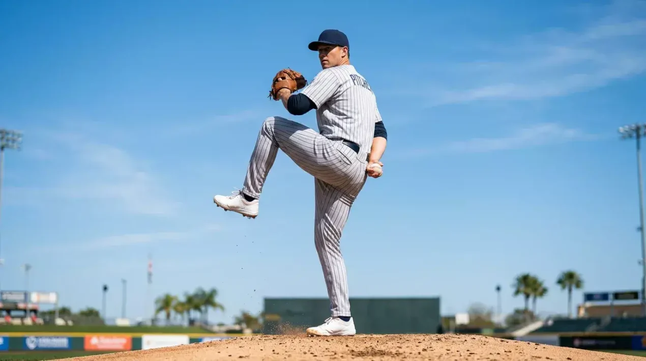 MLB starting pitcher in mid-windup against an empty blue sky background