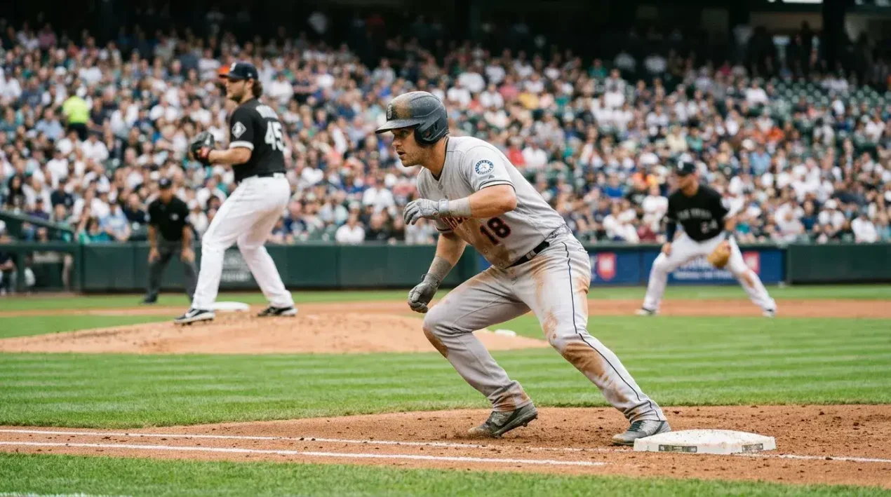 MLB baserunner taking a lead off first base with the pitcher looking back at the runner