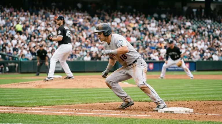 MLB baserunner taking a lead off first base with the pitcher looking back at the runner
