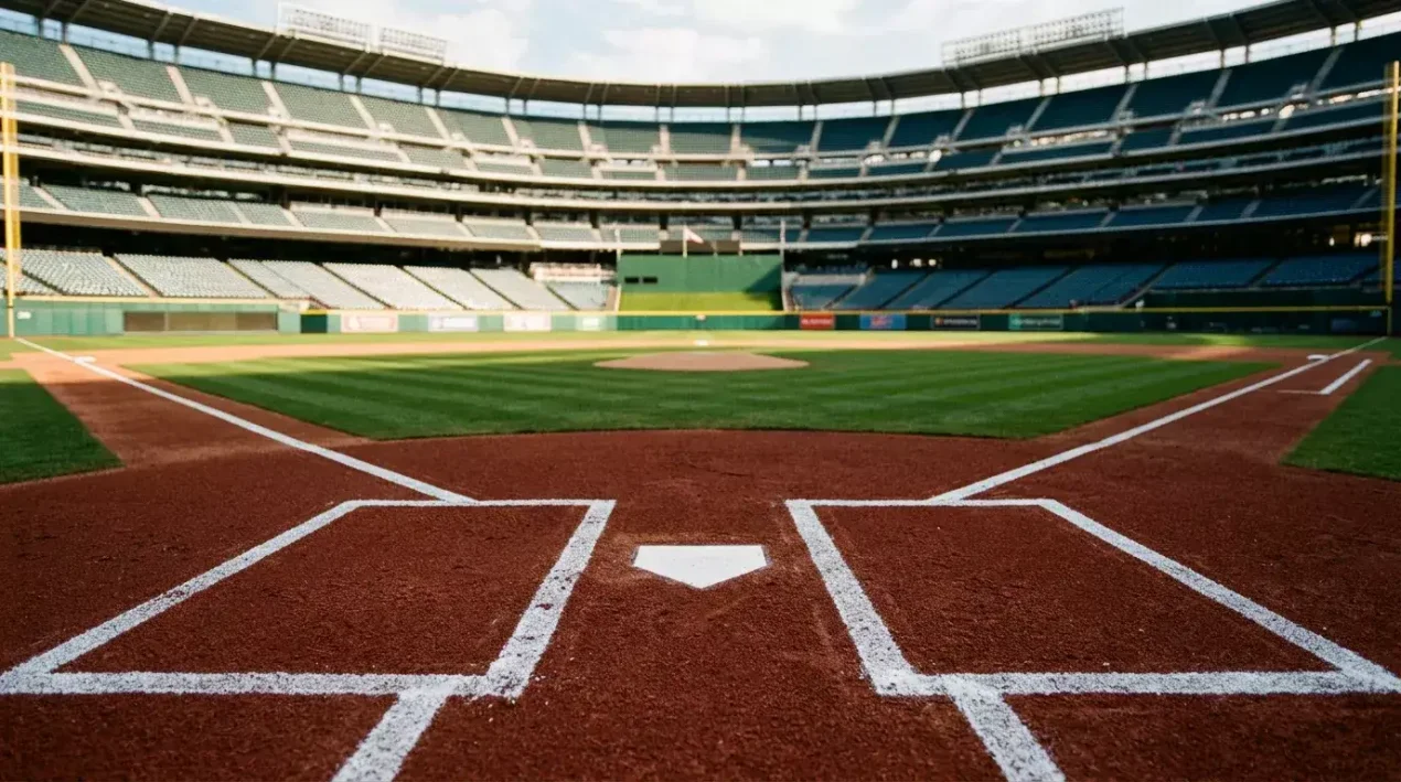 Low-angle photograph of home plate at an empty MLB stadium, with the pitcher's mound and outfield grass in the soft-focus background