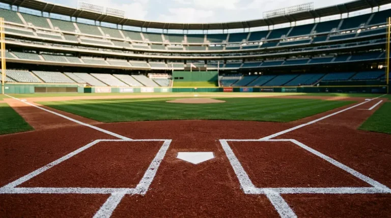 Low-angle photograph of home plate at an empty MLB stadium, with the pitcher's mound and outfield grass in the soft-focus background