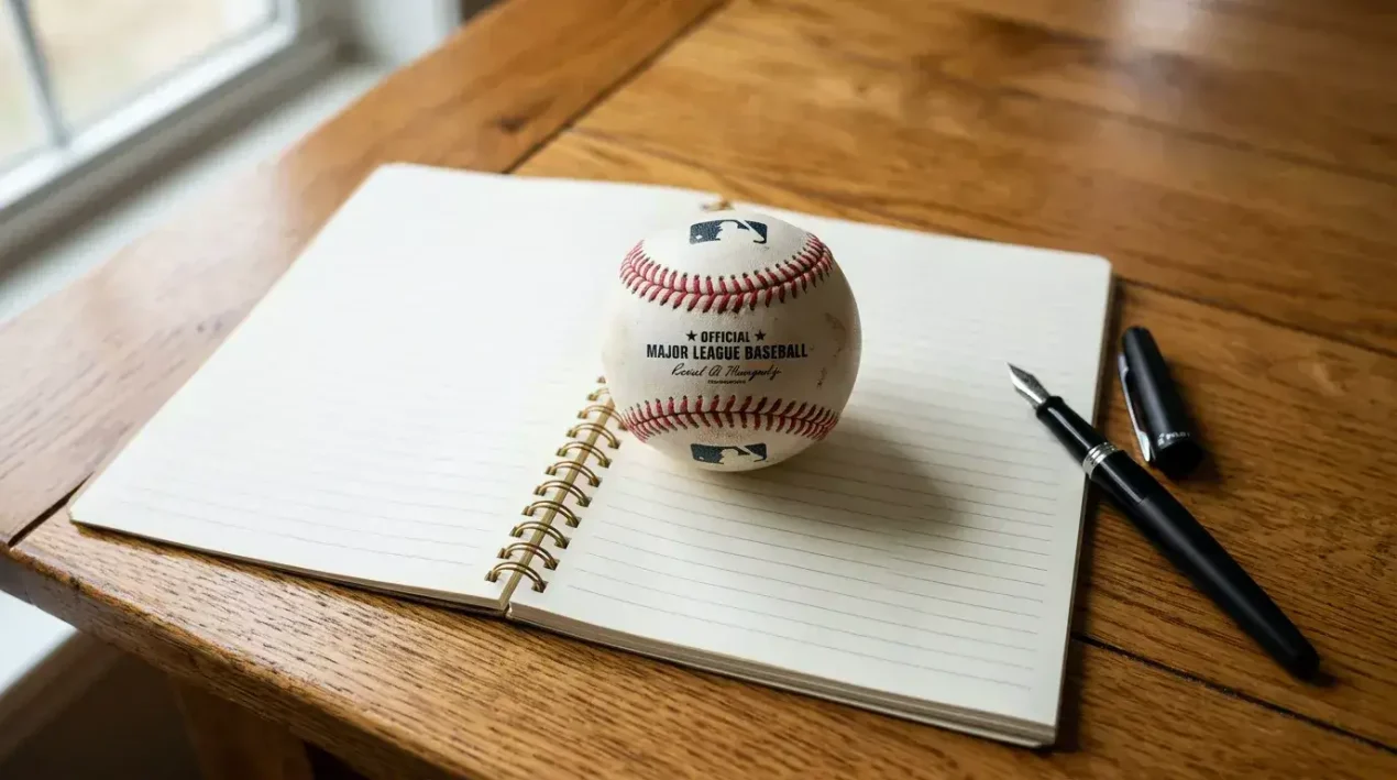 Single white MLB baseball resting on an open blank notebook on a wooden table, with a black fountain pen beside it