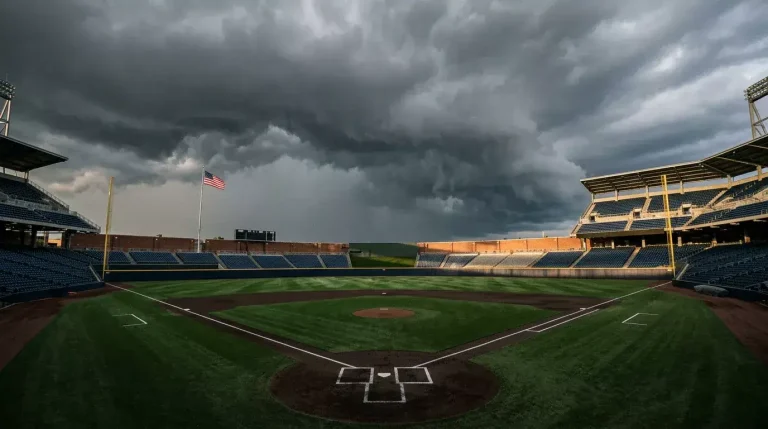 Storm clouds gathering over an empty MLB baseball stadium ahead of a possible rain delay