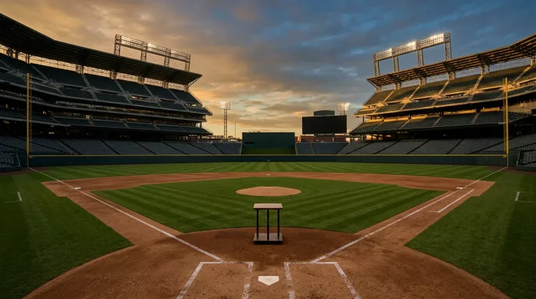 Empty MLB stadium with the championship trophy area set up on the infield during late-October light