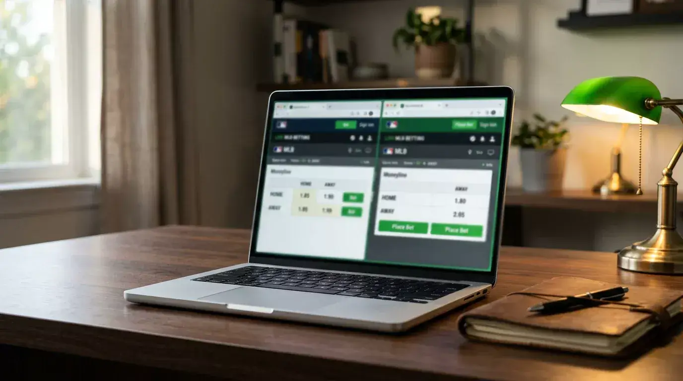 Laptop screen showing two UK sportsbook windows side by side comparing Major League Baseball moneyline prices